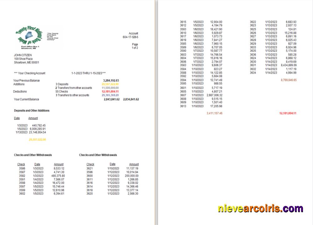 USA Twenty First National Bank of Maine bank statement Word and PDF, 2 pages scr